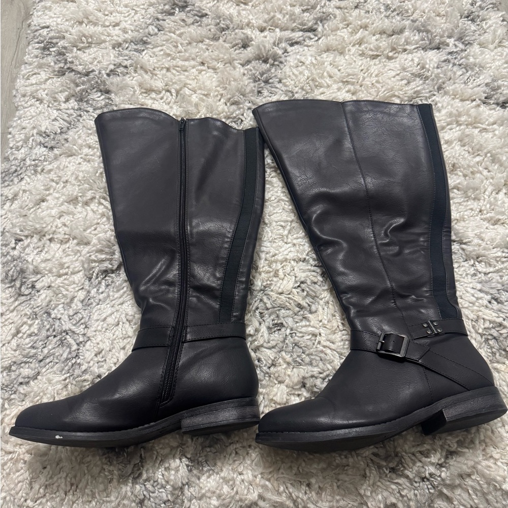Black Faux Leather Wide Calf Knee-High Boots